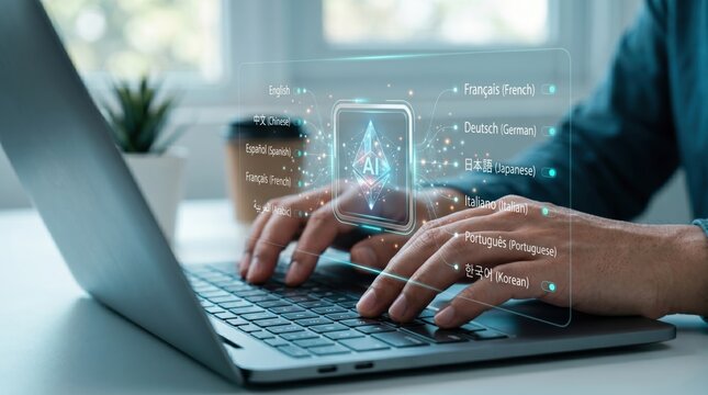 Artificial intelligence language translation software interface on laptop screen showing multiple languages including English, French, German and Asian scripts, global communica...