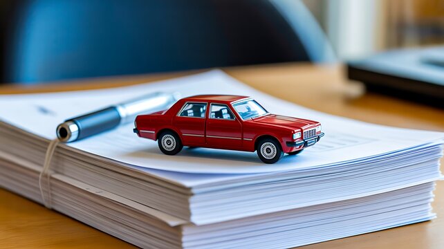 Classic red toy car placed on paperwork for vehicle documentation concept