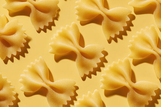 Uncooked Farfalle Pasta Pieces on Light Yellow Background