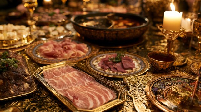 Exquisite Banquet Table with Delicately Arranged Meats, Decorative Plates, Candlelight, and Intricate Gold Accents for an Elegant Dining Experience