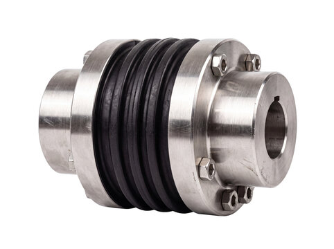 Metallic flexible coupling with black bellows and bolts on transparent background mechanical