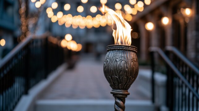 Vibrant Torch with Flame Illuminating Pathway Surrounded by Softly Glowing Lights in Outdoor Setting at Dusk