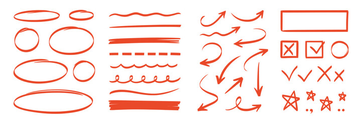 Fototapeta na wymiar Hand line arrow drawn set. Hand drawn line arrow underline pen marker check highlight red scribble. Star note memo sticker focus checkmark texture background. Vector illustration