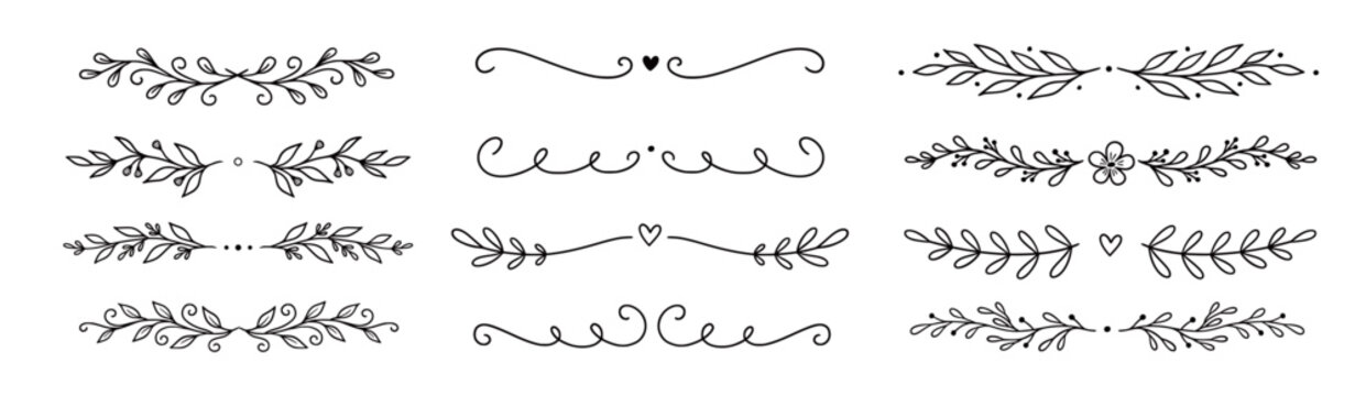 Line floral leaf ornament set. Hand drawn line floral leaf border vine doodle frame flower decor. Laurel olive divider flourish wreath botanical wedding garden vintage. Vector illustration