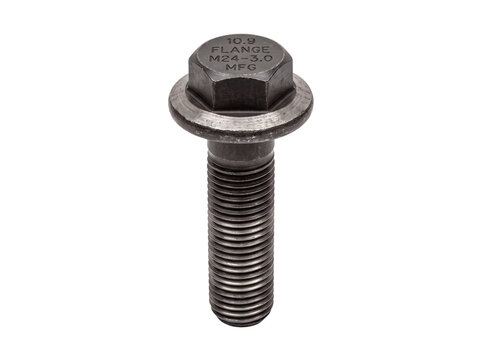 Silver colored hex head bolt with flange and markings on transparent background