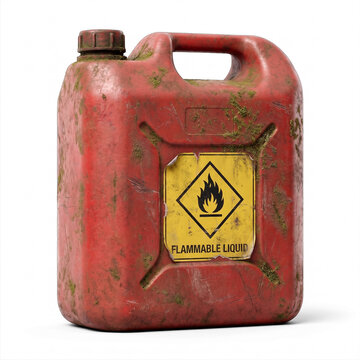 A three-quarter view of a weathered red fuel jerry can with a torn flammable liquid warning label, moss, and rust, isolated on a transparent background for safety concepts.
