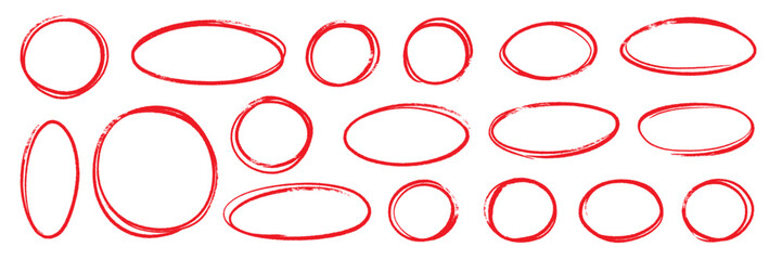 Hand drawn red line brush oval set. Hand drawn line brush pencil oval red color doodle marker chalk pen. Round circle underline frame check sign bubble texture background. Vector illustration