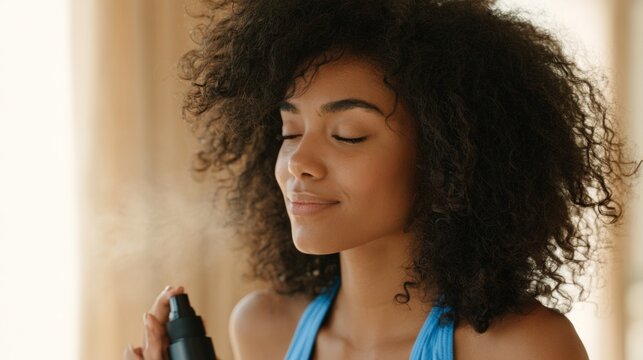 Woman with curly hair applying facial mist in a bright indoor setting showcasing natural beauty and self-care routine for radiant skin and wellness