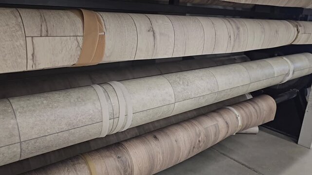 Different types of flooring materials displayed in a warehouse setting for customer selection