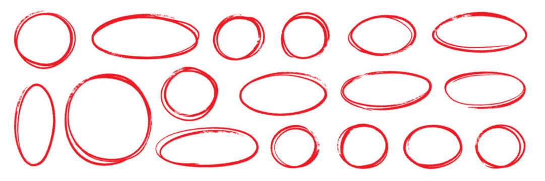 Hand drawn red line brush oval set. Hand drawn line brush pencil oval red color doodle marker chalk pen. Round circle underline frame check sign bubble texture background. Vector illustration