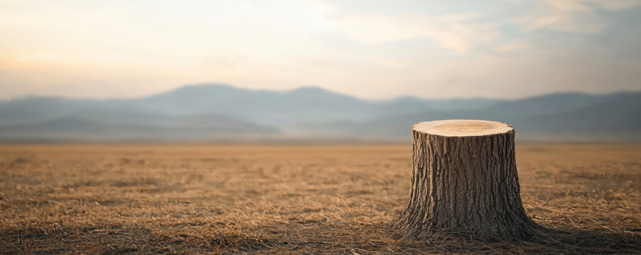 Lonely cut tree stump in desolate brown field. solitary nature landscape with mountain view and feeling of loss