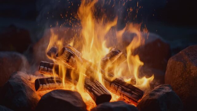 Close-up of a crackling campfire with bright orange and yellow flames dancing over glowing