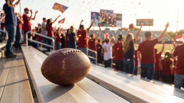 American football sits on stadium bleachers amid cheering fans at a bright outdoor game day event