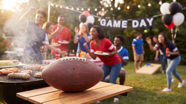 American football rests on a grill table during a lively backyard summer barbecue party celebration