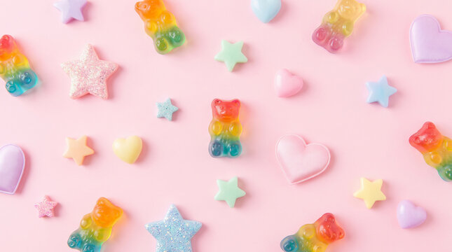 A delightful and vibrant pattern of colorful Gummy bears, Jelly candies, and various sweet shaped treats, creating a charming and playful aesthetic backdrop