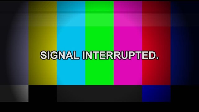 Signal interrupted text on a colorful television broadcast test pattern