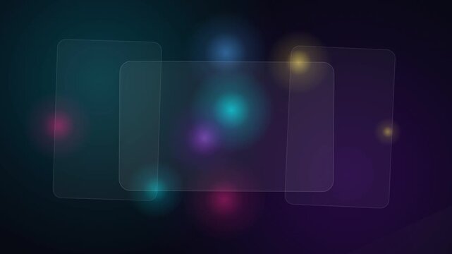 Abstract futuristic background with transparent glass panels and glowing bokeh lights.