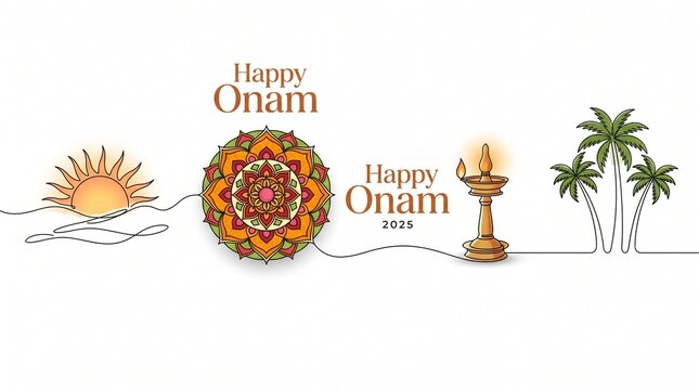 Happy onam 2025 banner design line art illustration festival icon set background Kerala culture tradition minimalist vector art greeting