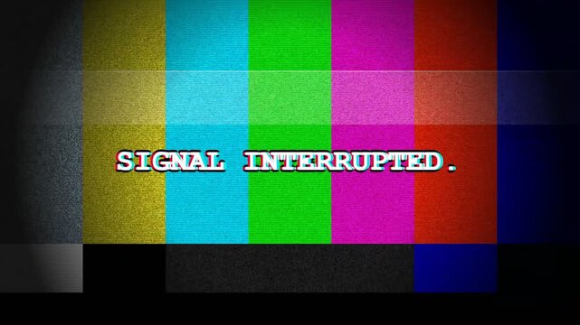 Signal interrupted text overlay on retro television color bars background