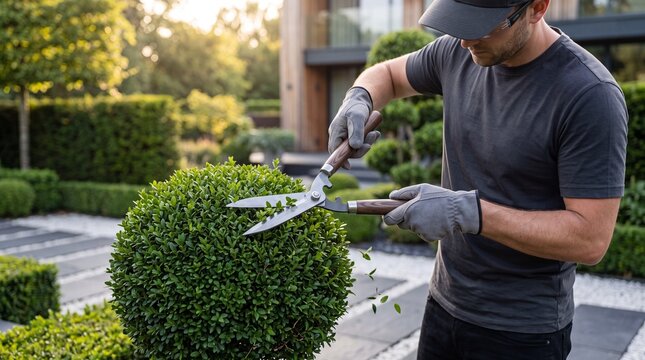 A landscaper in gloves prunes a round buxus shrub using hedge clippers in a modern luxury garden during sunset.