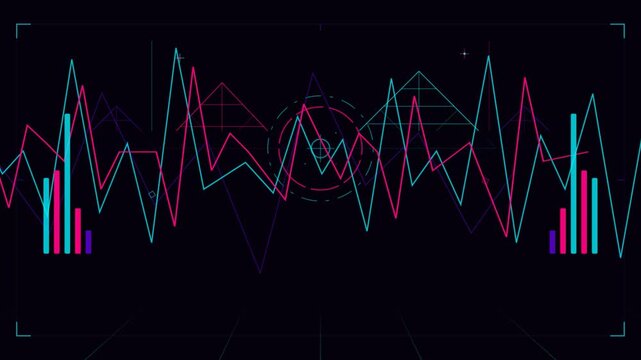 Abstract neon sound wave and data HUD interface on dark background.