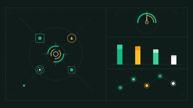 Digital data dashboard with radar and charts for technical analysis