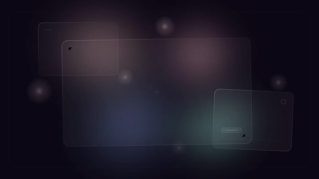 Abstract technology background featuring floating transparent UI glass panels and glowing bokeh lights in dark digital space.