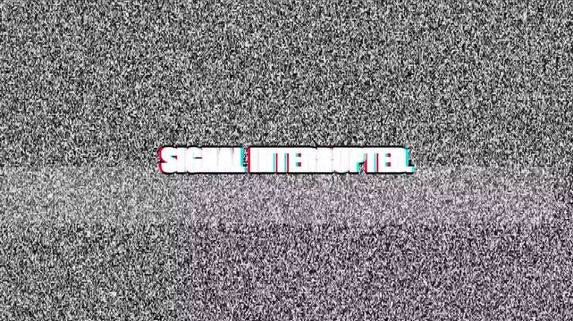 Signal interrupted text with glitch effect on static noise background