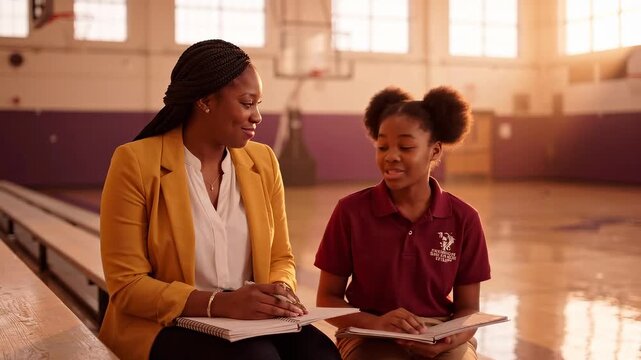 Teacher sitting beside a thoughtful girl on empty gym bleachers, sharing a calm supportive conversation after class. Quiet mentorship conversation concept