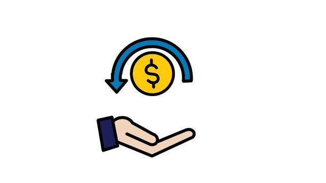 Cashback icon featuring coin, arrow, and open hand. Symbol representing money return, savings, and customer rewards.