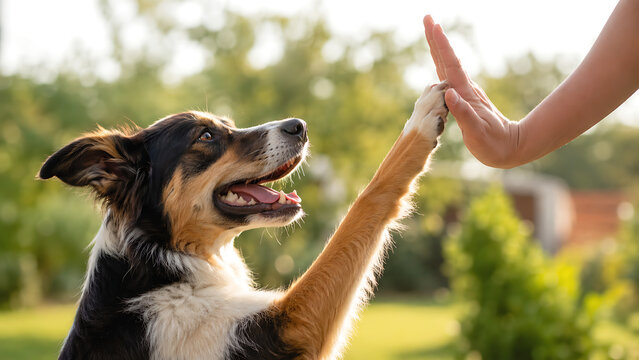 Happy Dog Giving High Five to Human Hand in Sunny Outdoor Garden