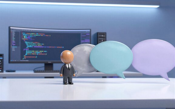 A small figure stands before screens, surrounded by colorful speech bubbles.
