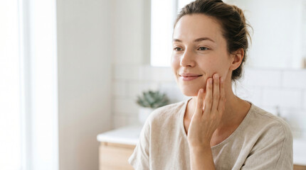 Naklejka premium A beautiful female enjoying her morning skincare regimen with a gentle touch, perfect for natural beauty and hygiene concepts