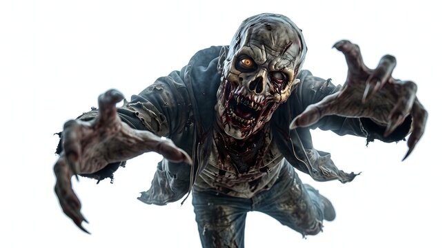 A terrifying zombie lunging forward with outstretched hands during a scary Halloween night