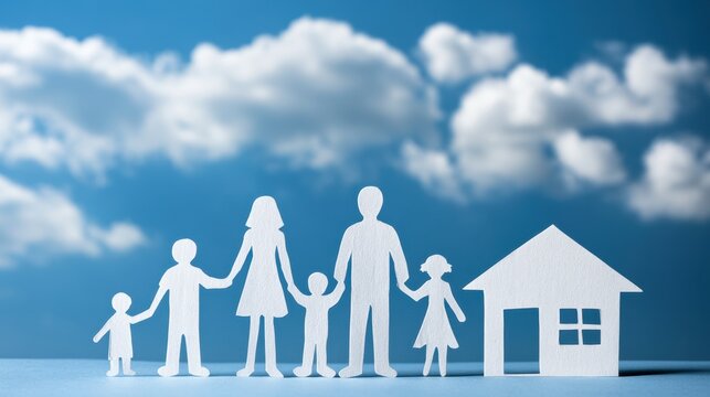 Paper cutout figures of a family holding hands next to a house silhouette with blue sky and fluffy clouds background symbolizing unity and home life