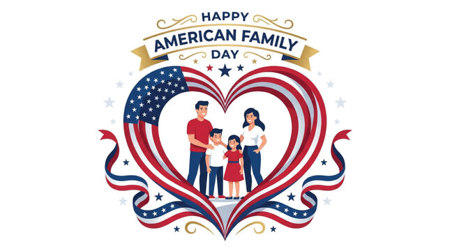 Illustration of a family of four standing inside a heart decorated with the American flag, surrounded by festive ribbons, stars, and a 'Happy American Family Day' banner on white background.
