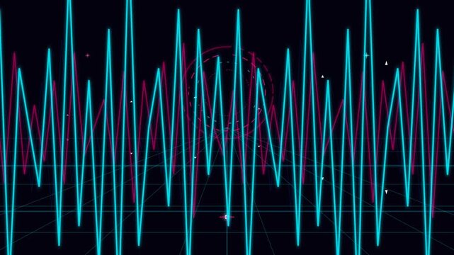 Neon digital frequency wave pulses on HUD interface with perspective grid background.