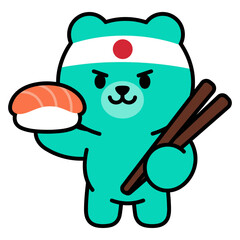 Obraz premium A delightful aesthetic illustration featuring a cute, vibrant gummy bear character joyfully presenting delicious sushi and traditional chopsticks, embodying a playful jelly-like charm