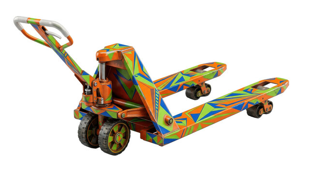 A colorful manual pallet jack with an abstract geometric pattern in orange, blue, and green isolated on a white background.
