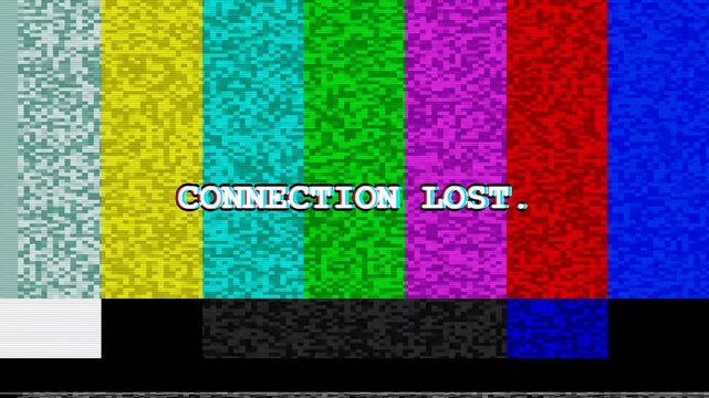 Connection lost text on colorful analog television static bars