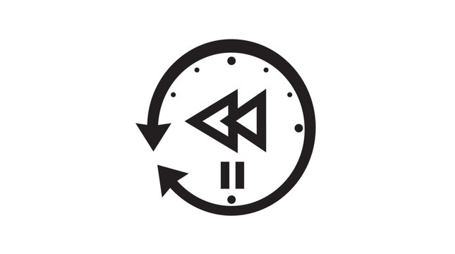 Vector rewind clock icon with counterclockwise arrows. Retro time reversal symbol for media controls and undo actions.