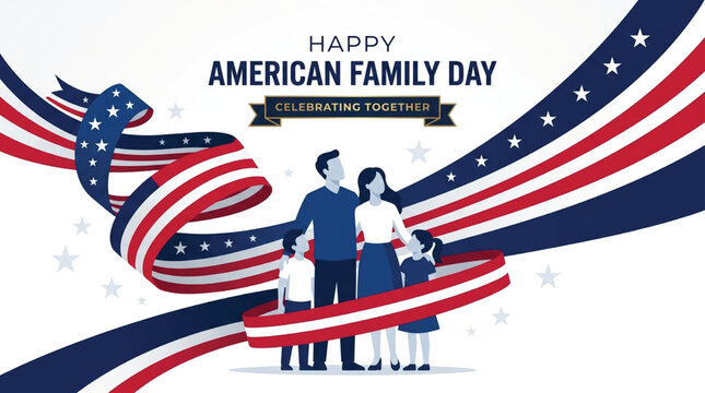 Illustration of a family of four standing together, wrapped in a flowing American flag, with text reading 'Happy American Family Day' and star patterns in the background.