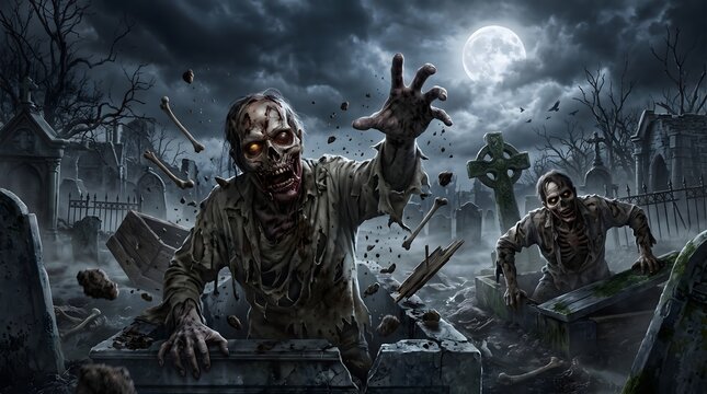 Halloween zombies emerging from graves in a spooky graveyard under a full moon