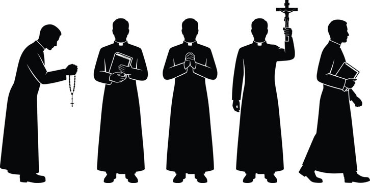 Christian Priest Silhouette Set with Prayer Bible Rosary and Cross Vector Illustration