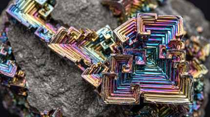 Fototapeta premium High-resolution macro shot of geometric iridescent bismuth crystal formations providing metallic abstract design element