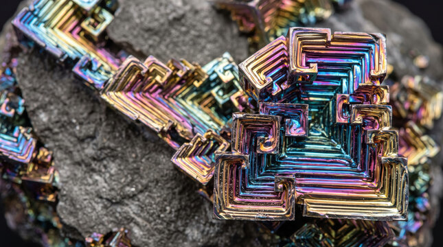 High-resolution macro shot of geometric iridescent bismuth crystal formations providing metallic abstract design element