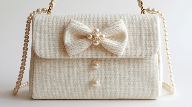 Elegant ivory white fabric women handbag with large fabric bow and pearl decoration and pearl chain strap against plain light neutral background