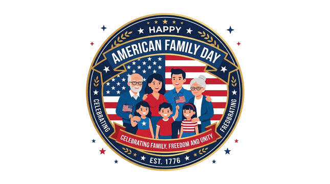 Illustration of multigenerational family in front of American flag with text celebrating American Family Day on a circular badge design with stars and stripes.