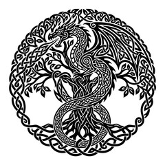 Fototapeta premium Dragon and Tree of Life, Celtic Knotwork Graphic
