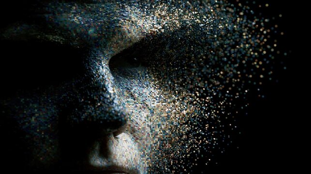 Abstract portrait dissolving into colorful digital pixels representing identity and data.